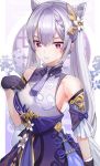  1girl arm_guards bangs black_gloves breasts diamond-shaped_pupils diamond_(shape) dress earrings frills gloves hair_ornament highres jewelry kfr large_breasts lips long_hair original purple_eyes sidelocks silver_hair sleeveless sleeveless_dress smile symbol-shaped_pupils twintails 