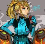  1girl arm_support armor bangs blonde_hair blue_bodysuit blue_eyes blue_gloves bodysuit breasts cheek_bulge commentary covered_collarbone covered_navel cup dated disposable_cup drinking drinking_straw drinking_straw_in_mouth gloves grey_background half-closed_eyes high_ponytail holding large_breasts long_hair looking_at_viewer looking_away messy_hair metroid ponytail sam_wells samus_aran shoulder_armor sidelocks signature simple_background solo standing steam sweat swept_bangs zero_suit 