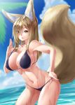  1girl animal_ear_fluff animal_ears armpits bangs bikini black_bikini breasts brown_eyes brown_hair cleavage covered_nipples eyebrows_visible_through_hair eyes_visible_through_hair fox_ears fox_girl fox_tail hair_between_eyes hair_over_one_eye hand_on_hip hand_up highres kazuki_seihou large_breasts large_tail long_hair looking_at_viewer navel original outdoors parted_lips sideboob sidelocks skindentation solo strap_lift swimsuit tail thighs water wet 