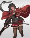  1girl arrow_(projectile) bare_shoulders belt belt_pouch black_hair black_legwear clenched_hand cloak clothing_cutout dark_skin gradient gradient_background highres holding holding_sword holding_weapon long_hair long_ponytail nihoshi_(bipedal_s) orange_eyes original parted_lips ponytail pouch red_cloak red_skirt shoulder_cutout skirt solo sword thighhighs weapon 