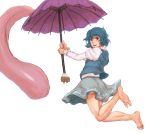  1girl :d aqua_hair aqua_skirt aqua_vest bangs barefoot blue_eyes commentary commentary_request eyebrows_visible_through_hair feet full_body geta heterochromia highres holding holding_umbrella juliet_sleeves kuro_suto_sukii legs long_sleeves midair open_mouth puffy_sleeves purple_umbrella red_eyes shirt short_hair simple_background sketch skirt smile soles solo tatara_kogasa toe_scrunch toes tongue touhou umbrella white_background white_shirt youkai 