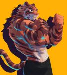  2020 abs anthro big_muscles bottomwear clothing felid fur hi_res huge_muscles male mammal muscular muscular_anthro muscular_male naikuma pantherine simple_background solo stripes tiger 