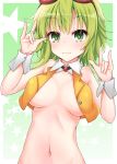  1girl aatsu bare_shoulders blush breasts collared_jacket crop_top goggles goggles_on_head green_eyes green_hair gumi hands_up happy highres jacket medium_breasts medium_hair midriff navel no_bra orange_jacket smile solo starry_background underboob upper_body vocaloid w w_over_eye wrist_cuffs 