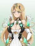  1girl bangs bare_shoulders blonde_hair breasts chest_jewel cleavage cleavage_cutout clothing_cutout dress earrings elbow_gloves flower gloves gradient green_background highres jewelry large_breasts long_hair mitsuchiis mythra_(xenoblade) solo swept_bangs tiara upper_body very_long_hair white_background white_dress white_gloves xenoblade_chronicles_(series) xenoblade_chronicles_2 yellow_eyes 