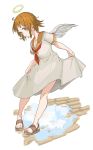  1girl angel angel_wings brown_eyes brown_hair dress full_body haibane_renmei halo highres holding holding_clothes holding_dress looking_at_viewer messy_hair neckerchief nmgv orange_sailor_collar rakka red_neckwear sailor_collar sandals short_hair short_sleeves simple_background smile solo standing static_cling white_background white_dress wings 