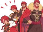  1boy age_progression alexander_(fate) braid cape cowboy_shot crossed_arms fate/grand_order fate/zero fate_(series) fur_trim grin hands_on_hips iskandar_(fate) long_hair male_focus muscle natsu_yasai ponytail red_cape red_eyes red_hair simple_background single_braid smile white_background 