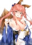  1girl absurdres animal_ear_fluff animal_ears bangs bare_shoulders blue_kimono blush breasts bucket cleavage collarbone fang fate/extra fate/grand_order fate_(series) fox_ears fox_girl fox_tail hair_ribbon heroic_spirit_traveling_outfit highres japanese_clothes kimono large_breasts layered_clothing layered_kimono long_hair long_sleeves looking_at_viewer off_shoulder parted_lips pink_hair ribbon rubber_duck sash sidelocks smile tail tamamo_(fate)_(all) tamamo_no_mae_(fate) tokkuri twintails white_kimono wide_sleeves wooden_bucket yellow_eyes yukata yukineko1018 