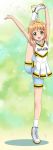  1girl :d armpits arms_up bare_arms bike_shorts blonde_hair blush breasts cardcaptor_sakura cheerleader clothes_writing commentary_request cross-laced_footwear flexible full_body green_eyes hairband hand_on_own_foot highres kinomoto_sakura leg_up open_mouth petals short_hair simple_background sleeveless small_breasts smile socks solo split standing standing_on_one_leg standing_split tiptoes tooo white_footwear white_legwear yellow_hairband 