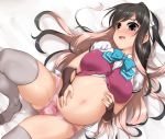  1girl aqua_neckwear ass_visible_through_thighs bangs bed_sheet big_belly black_gloves black_hair blush bow bowtie breasts fang fingerless_gloves gloves grey_legwear hairband hands_on_own_stomach jewelry kantai_collection large_breasts long_hair lying multicolored_hair naganami_(kantai_collection) on_back open_clothes open_mouth panties pink_hair pink_panties pregnant purple_vest remodel_(kantai_collection) ring shirt solo thighhighs two-tone_hair underwear vest wedding_band white_shirt yellow_eyes yoshi_tama 