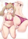  1girl :q animal_ears artist_name ass back bangs bare_arms bare_legs bare_shoulders barefoot bikini blonde_hair blue_eyes blush breasts cat_ears cleavage closed_mouth collarbone eyebrows_visible_through_hair fake_animal_ears highres kimoshi looking_at_viewer medium_breasts multiple_views navel persona persona_5 pink_bikini simple_background sitting smile stomach swept_bangs swimsuit takamaki_anne tiara tongue tongue_out twintails v-shaped_eyebrows wariza watermark web_address white_background 
