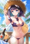  1girl absurdres arm_up armpits azur_lane bikini black_hair blue_eyes blurry bottle bow bowtie breasts cheshire_(azur_lane) cheshire_(summery_date!)_(azur_lane) choker cleavage cloud collarbone cowboy_shot day depth_of_field earrings hat highres jewelry looking_at_viewer manjuu_(azur_lane) medium_breasts multicolored_hair navel open_mouth outdoors purple_bikini short_hair side-tie_bikini sky smile solo standing stomach straw_hat string_bikini sunlight swimsuit thighs two-tone_hair wakum 