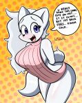  anthro blanca_(nicky_illust) blush breasts canid canine canis clothed clothing cute_fangs detailed_background dialogue domestic_dog english_text female fluffy fluffy_tail fur hair hi_res long_hair long_tail mammal meme meme_clothing nicky_illust nordic_sled_dog purple_eyes samoyed side_boob skimpy solo spitz sweater text topwear virgin_killer_sweater white_body white_fur white_hair 