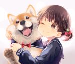  1girl animal animal_hug bangs blush bow brown_eyes brown_hair cheek-to-cheek closed_mouth clothed_animal collarbone commentary_request dog food_themed_hair_ornament gradient gradient_background grey_background hair_ornament holding holding_animal hug kuga_tsukasa long_sleeves one_eye_closed one_side_up original polka_dot polka_dot_bow raspberry_hair_ornament red_bow sailor_collar school_uniform serafuku shiba_inu shirt short_hair smile solo tongue upper_body white_background 