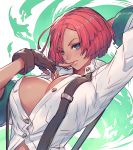  1girl arm_up blue_eyes breasts brown_gloves cleavage collared_shirt dark_skin fingerless_gloves giovanna_(guilty_gear) gloves guilty_gear guilty_gear_strive large_breasts lips oro_(sumakaita) partially_unbuttoned red_hair shirt short_hair solo suspenders white_shirt 