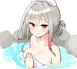  1girl breasts cleavage closed_mouth collarbone counter_side covering covering_breasts folded_ponytail gradient_hair grey_hair hair_intakes highres junsuina_fujunbutsu large_breasts long_hair looking_at_viewer mole mole_on_breast mole_under_eye multicolored_hair onsen red_eyes sidelocks simple_background smile solo steam towel towel_on_head water white_background 
