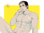  1boy abs bara bare_chest blush chest feet_out_of_frame glasses greyscale hand_to_own_mouth lamapacosss male_focus male_pubic_hair monochrome muscle navel nipples penis_peek pubic_hair shiro_(tokyo_houkago_summoners) short_hair sketch solo thick_thighs thighs tokyo_houkago_summoners 