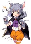 1girl :d animal_ears black_cape blush buttons cape collared_shirt cropped_legs dated eyebrows_visible_through_hair fake_animal_ears fang grey_eyes grey_hair halloween halloween_costume kantai_collection odawara_hakone ooshio_(kantai_collection) open_mouth orange_shorts paws shirt short_hair short_sleeves shorts simple_background skin_fang smile solo twintails twitter_username v-shaped_eyebrows white_background white_shirt wolf_ears wolf_paws 