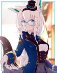  1girl animal_ear_fluff animal_ears ascot bangs beige_skirt blue_jacket blue_neckwear blurry blurry_background blush border braid braided_ponytail commentary_request eyebrows_visible_through_hair fox_ears fox_girl fox_tail glasses gloves green_eyes hair_between_eyes hairband hat highres hololive jacket joker_oowo long_hair long_sleeves looking_at_viewer mini_hat open_clothes open_jacket pentagram shirakami_fubuki shirt sidelocks single_braid skirt skirt_lift smile solo tail virtual_youtuber white_gloves white_hair white_shirt 