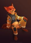  animal_genitalia animal_penis balls canid canine canine_penis clothing disney fire_fighter fox genitals hi_res letodoesart male mammal nick_wilde penis penis_tip sheath shirt solo text text_on_clothing text_on_shirt text_on_topwear topwear zootopia 