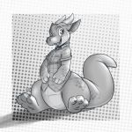 1:1 anthro bottomless clothed clothing dotted_background dragon hi_res horn light lighting louart monochrome open_mouth open_smile pattern_background shadow simple_background sitting smile solo 