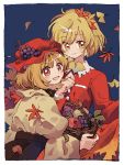  2girls aki_minoriko aki_shizuha anime_coloring apple autumn_leaves basket black_skirt blonde_hair blue_background dress falling_leaves food fruit ginkgo_leaf grapes hair_ornament hat holding holding_basket holding_leaf ka_(marukogedago) leaf leaf_hair_ornament long_sleeves looking_at_viewer mob_cap multiple_girls open_mouth red_dress red_eyes red_headwear shirt short_hair siblings sisters skirt skirt_hold smile touhou yellow_eyes 