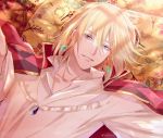  1boy artist_name blonde_hair blue_eyes cape earrings hair_between_eyes highres howl_(howl_no_ugoku_shiro) howl_no_ugoku_shiro jewelry long_sleeves lying male_focus necklace on_back pillow red_cape shijima_tohiro shirt smile solo upper_body white_shirt 