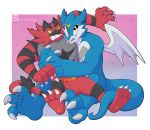  3_toes 5_fingers alpha_channel anthro black_body black_fur blue_body bodily_fluids claws clenched_teeth cyber_zai digimon digimon_(species) duo exveemon facial_markings fingers flustered fur green_eyes head_markings horn hug incineroar male male/male markings muscular muscular_male nintendo open_mouth pok&eacute;mon pok&eacute;mon_(species) red_body red_eyes red_fur sharp_teeth sweat teeth toe_claws toes video_games yellow_sclera 