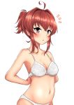  1girl ahoge arashi_(kantai_collection) bra breasts hair_intakes haoto_(arnica_leaf) highres kantai_collection messy_hair navel panties ponytail purple_eyes red_hair short_ponytail simple_background small_breasts solo underwear underwear_only upper_body white_background white_bra white_panties 