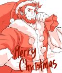 1boy alternate_costume beard christmas coat facial_hair fate/grand_order fate/zero fate_(series) fur-trimmed_coat fur_trim gift_bag hair_ornament hand_on_hip hat highres iskandar_(fate) leaf_hair_ornament looking_at_viewer male_focus merry_christmas muscle partially_colored red_eyes red_hair rubicon-emperor santa_costume santa_hat short_hair smile upper_body 