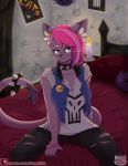  2019 absurd_res anthro bedroom bottomwear bracelet clothing collar domestic_cat ear_piercing felid feline felis female fur hair hi_res jewelry mammal monster_prom pants piercing pink_hair pinktabico purple_body purple_fur sitting_on_bed solo spiked_collar spikes topwear torn_bottomwear torn_clothing torn_pants valerie_oberlin vest 