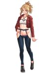  1girl :d alba bandeau bangs bare_hips black_footwear blonde_hair blush braid collarbone denim fate/grand_order fate_(series) flat_chest full_body green_eyes grin hand_on_hip highres jacket jeans jewelry long_sleeves looking_at_viewer maebari mordred_(fate) mordred_(fate)_(all) navel necklace no_panties open_clothes open_jacket open_mouth pants parted_bangs ponytail red_jacket shoes short_hair sidelocks smile solo stomach teeth toned transparent_background v-shaped_eyebrows 