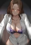  1girl blush bra breasts brown_eyes brown_hair cleavage collared_shirt commentary_request curtains dress_shirt girl_on_top long_hair looking_at_viewer navel open_clothes open_shirt original outstretched_arms pink_lips pov purple_bra see-through shirt skysign_ft smile thighs underwear white_shirt 