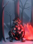  2020 3:4 against_tree anthro armor barefoot baring_teeth bassybefuddle belt black_eye_(injury) bonfire boss_wolf canid canine canis clothed clothing countershade_face countershade_torso countershading digital_media_(artwork) dreamworks fire forest fur grey_body grey_fur grin hi_res kung_fu_panda looking_at_viewer male mammal nipples one_eye_closed outside sitting smile snow solo teeth topless topless_male tree wolf 