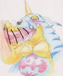  anthro belly blush bodily_fluids censored cum cum_in_mouth cum_inside digimon digimon_(species) duo erection gabumon genital_fluids genitals horn human male male/male mammal moobs oral penis sex slightly_chubby tabasukotrr tongue traditional_media_(artwork) 