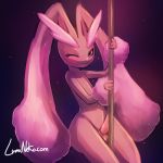  1:1 2020 anthro balls big_butt black_eyes brown_balls brown_body brown_fur butt erection fur genitals girly lagomorph long_ears looking_at_viewer lopunny lumineko male mammal nintendo nude one_eye_closed penis pink_body pink_fur pink_nose pok&eacute;mon pok&eacute;mon_(species) pole red_penis red_sclera smile solo spotlight stripper_pole tan_body tan_fur tapering_penis video_games wink 