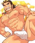  1boy abs aopanda bara bare_chest black_hair blonde_hair blush body_hair bulge chest chest_hair erection erection_under_clothes facial_hair fang feet_out_of_frame fundoshi hairy japanese_clothes looking_at_viewer male_focus manly multicolored_hair muscle navel navel_hair nipples short_hair sideburns solo streaked_hair stubble thick_eyebrows thick_thighs thighs tokyo_houkago_summoners two-tone_hair underwear very_short_hair wet yamasachihiko_(tokyo_houkago_summoners) 