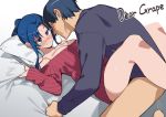  1boy 1girl blue_hair blush clothed_sex english_text highres implied_sex kawashima_ami leg_lock muchi_maro sheet_grab sweat sweater takasu_ryuuji toradora! 