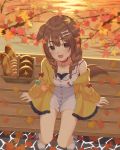  1girl animal_ears autumn_leaves bangs bench bone_hair_ornament braid bread breasts brown_eyes brown_hair collar commentary dog_ears dog_tail dress fang food from_above hair_ornament highres hololive inugami_korone jacket leaf maple_leaf medium_breasts medium_hair off_shoulder omul open_mouth outdoors red_collar sitting smile sunset tail twin_braids virtual_youtuber white_dress wooden_bench yellow_jacket 
