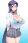  1girl arms_behind_back bangs blue_background blue_bra blush bra breasts center_opening choker cleavage closed_mouth collarbone collared_shirt contemporary dantes_ward dress_shirt fate/grand_order fate_(series) gradient gradient_background grey_skirt highres jewelry large_breasts long_hair long_sleeves looking_at_viewer minamoto_no_raikou_(fate/grand_order) miniskirt necklace parted_bangs purple_eyes purple_hair shirt skirt sleeves_rolled_up smile thighs underwear very_long_hair white_shirt 