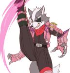  5_fingers anthro bandanna belt black_clothing canid canine canis claws clenched_teeth clothed clothing eye_patch eye_scar eyewear fingerless_gloves fingers flexible fur gloves grey_body grey_fur handwear jacket kerchief kick male mammal nintendo pink_clothing pink_gloves pink_topwear red_eyes scar simple_background solo star_fox teba_motoko teeth topwear video_games white_background wolf wolf_o&#039;donnell 