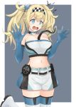  1girl alternate_costume between_breasts black_shorts blonde_hair blue_eyes blue_footwear blue_gloves blue_shorts boots breasts collarbone cowboy_shot eel elbow_gloves gambier_bay_(kantai_collection) gloves hairband highres kantai_collection kodama_(mmt_uf) large_breasts midriff multicolored multicolored_clothes multicolored_footwear multicolored_shorts navel short_shorts shorts skirt solo strapless thigh_boots thighhighs tubetop twintails white_footwear white_shorts 