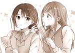  2girls adachi_sakura adachi_to_shimamura bow comb greyscale hair_brushing hair_ornament hair_tie_in_mouth looking_at_another mirror monochrome mouth_hold multiple_girls ousaka_nozomi school_uniform shimamura_hougetsu sweater upper_body 