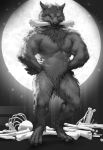  2020 anthro backlighting bone canid canine canis fluffy full-length_portrait fur hi_res light lighting looking_at_viewer male mammal monochrome moon mouth_hold nude portrait solo standing telemon were werecanid werecanine werewolf wolf 
