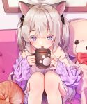  1girl :o agnamore animal animal_ears bangs bare_shoulders black_bow blush bow cat collarbone commentary_request couch cup dress eyebrows_behind_hair fang feet_out_of_frame grey_hair hair_between_eyes hair_bow hands_up holding holding_cup jacket knees_up korean_commentary mug off_shoulder on_couch open_clothes open_jacket original parted_lips purple_eyes purple_jacket red_bow sitting sleeveless sleeveless_dress solo strap_slip stuffed_animal stuffed_toy teddy_bear two_side_up white_dress 