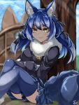  1girl absurdres animal_ear_fluff animal_ears blue_hair blue_legwear bow commentary_request crossed_arms day dire_wolf_(kemono_friends) empty_eyes eyebrows_visible_through_hair feet_out_of_frame fur_collar fur_trim garter_straps gradient_hair grin hair_between_eyes hair_bow hair_ribbon highres japari_symbol kemono_friends knees_up long_hair long_sleeves looking_at_viewer miniskirt multicolored_hair outdoors parted_lips plaid plaid_skirt plaid_sleeves pleated_skirt ribbon shi_(kamokamo910) sitting skirt smile solo sweater tail thighhighs twintails wolf_ears wolf_girl wolf_tail yellow_eyes zettai_ryouiki 