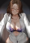  1girl blush bra breasts brown_eyes brown_hair cleavage collared_shirt commentary_request curtains dress_shirt girl_on_top glasses long_hair looking_at_viewer navel open_clothes open_shirt original outstretched_arms pink_lips pov purple_bra see-through shirt skysign_ft smile thighs underwear white_shirt 