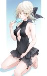  1girl absurdres artoria_pendragon_(all) artoria_pendragon_(swimsuit_rider_alter) bangs bare_arms bare_shoulders barefoot black_bow black_swimsuit blonde_hair bow braid breasts cleavage cleavage_cutout clothing_cutout collarbone commentary_request covered_navel eyebrows_visible_through_hair fate/grand_order fate_(series) food french_braid frilled_swimsuit frills full_body hair_bow highres holding holding_food kneeling kuma_(wctv5527) looking_at_viewer maid_headdress medium_breasts navel one-piece_swimsuit popsicle short_hair sideboob solo swimsuit thigh_strap yellow_eyes 