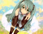  aqua_hair blush cropped fujita_yamari gray_hair green_eyes hatsune_miku long_hair phone skirt tears thighhighs tie twintails vocaloid waifu2x 