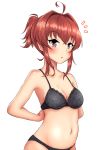  1girl ahoge arashi_(kantai_collection) black_bra black_panties bra breasts hair_intakes haoto_(arnica_leaf) highres kantai_collection messy_hair navel panties ponytail purple_eyes red_hair short_ponytail simple_background small_breasts solo underwear underwear_only upper_body white_background 