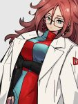  1girl android_21 black-framed_eyewear blue_eyes checkered checkered_dress closed_mouth dragon_ball dragon_ball_fighterz dress earrings glasses grey_background hair_between_eyes hoop_earrings jewelry kemachiku labcoat long_hair looking_at_viewer red_hair red_ribbon_army simple_background solo 